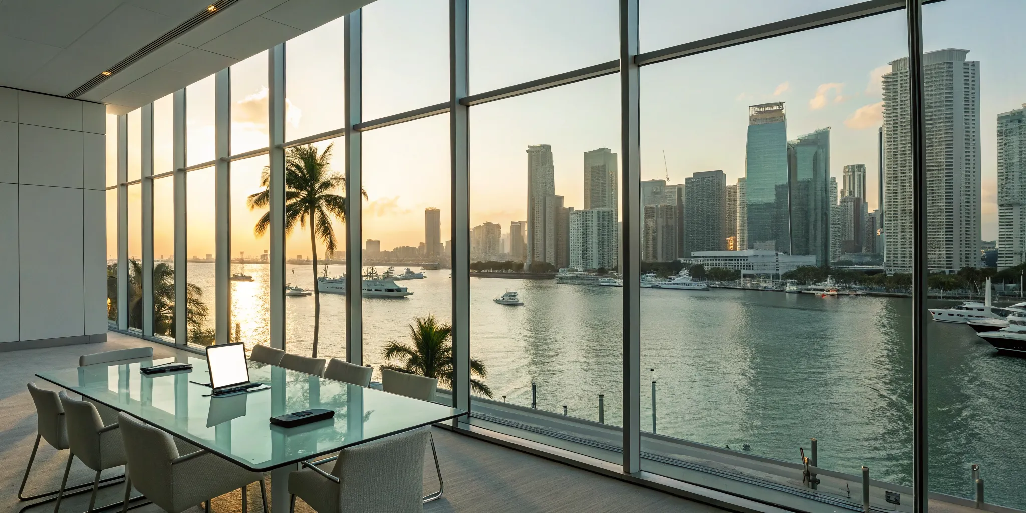 Agents planning a strategy for Miami preconstruction leads in a conference room with a city view.