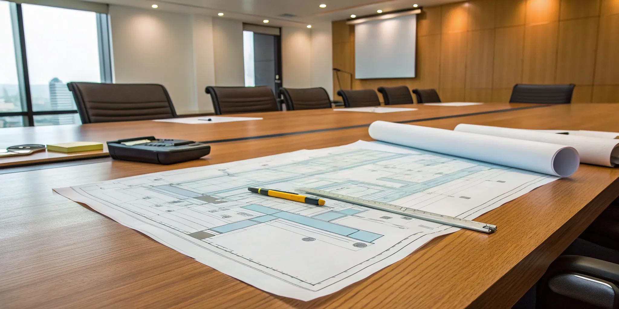 Industrial project blueprints and drafting tools for a zoning permit application.
