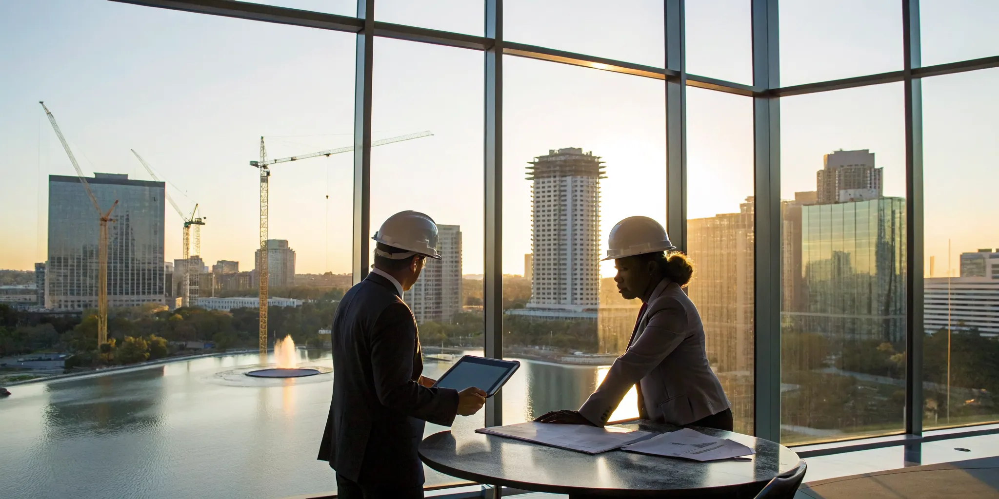 Contractors in Orlando review plans for a new commercial construction lead.