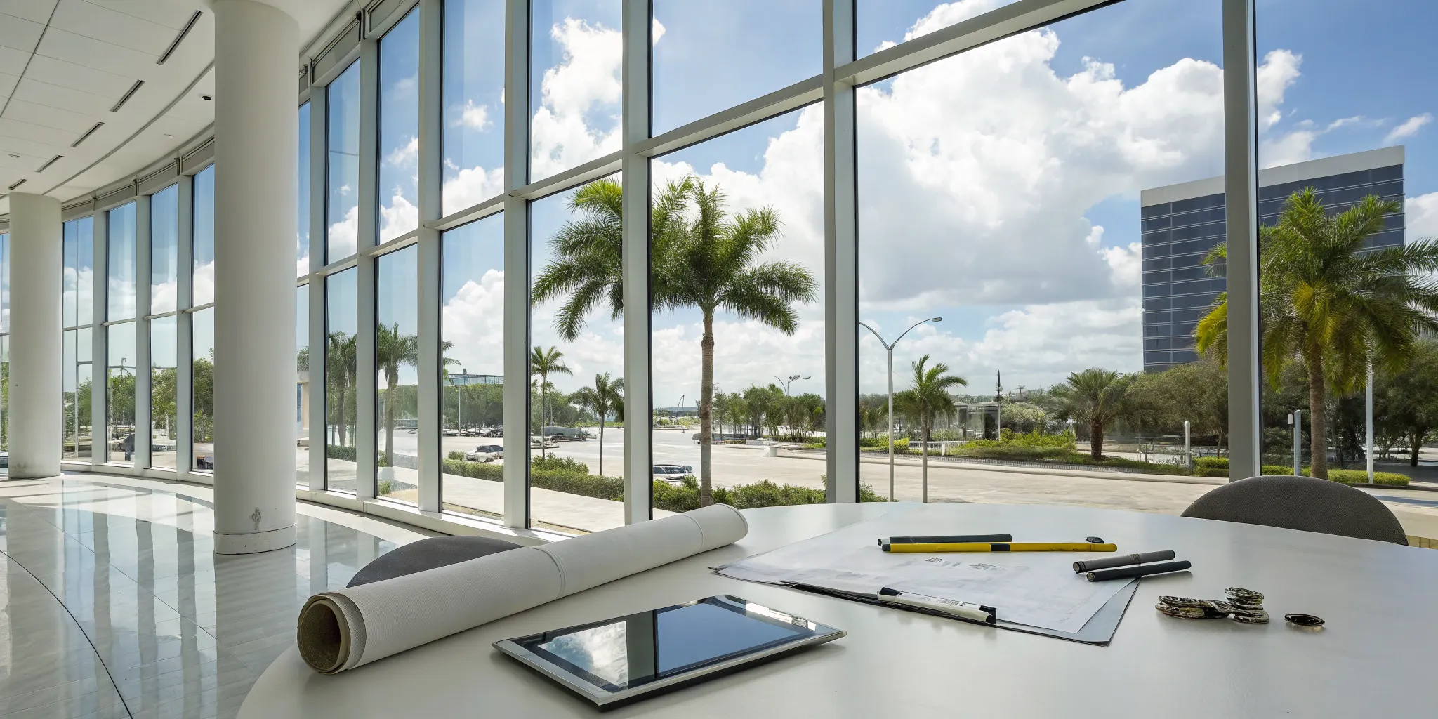 Reviewing the Florida commercial sign permit process with documents on an office desk.