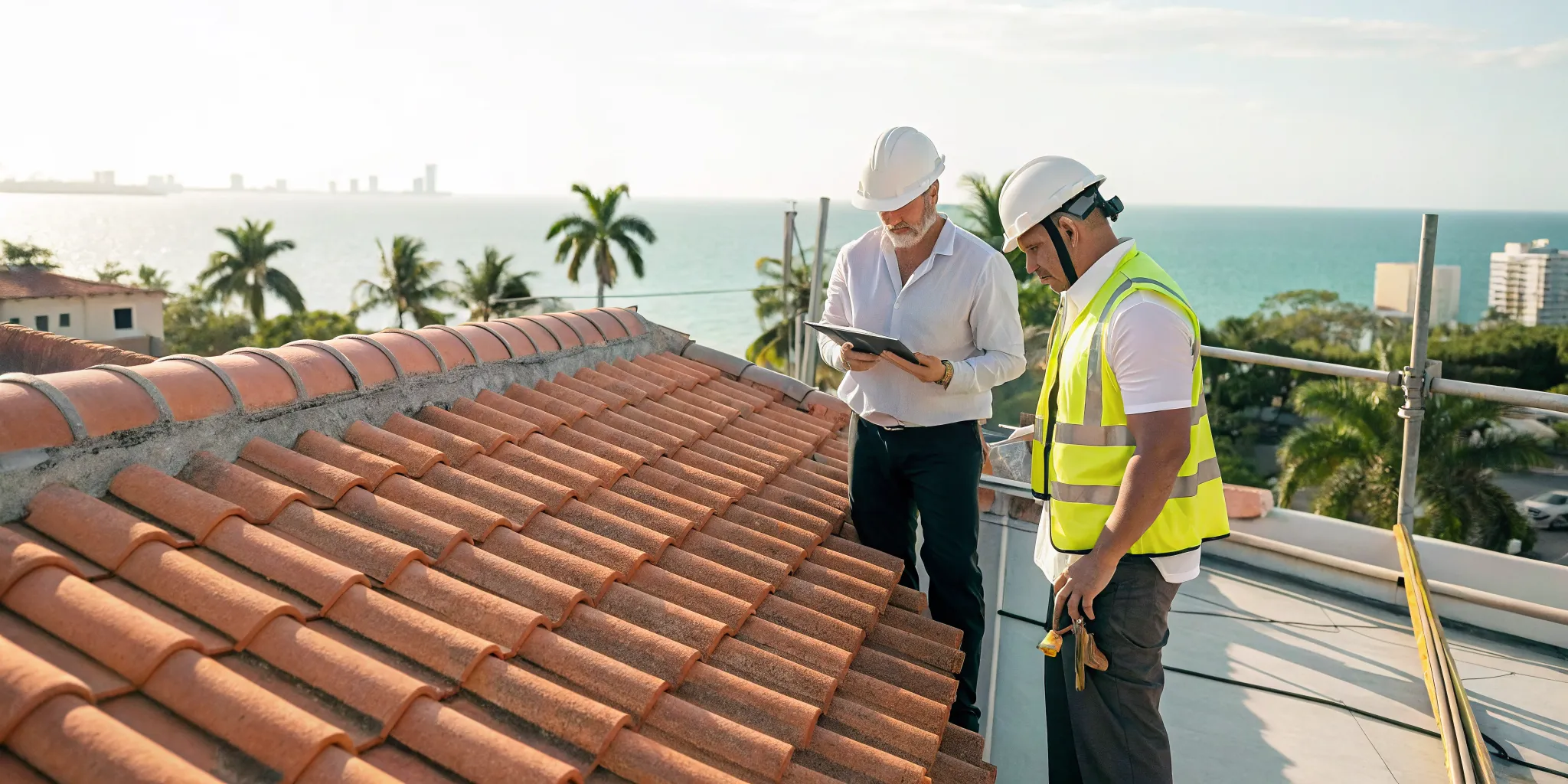 Roofing contractors inspecting a tile roof for a Miami-Dade County roofing permit.