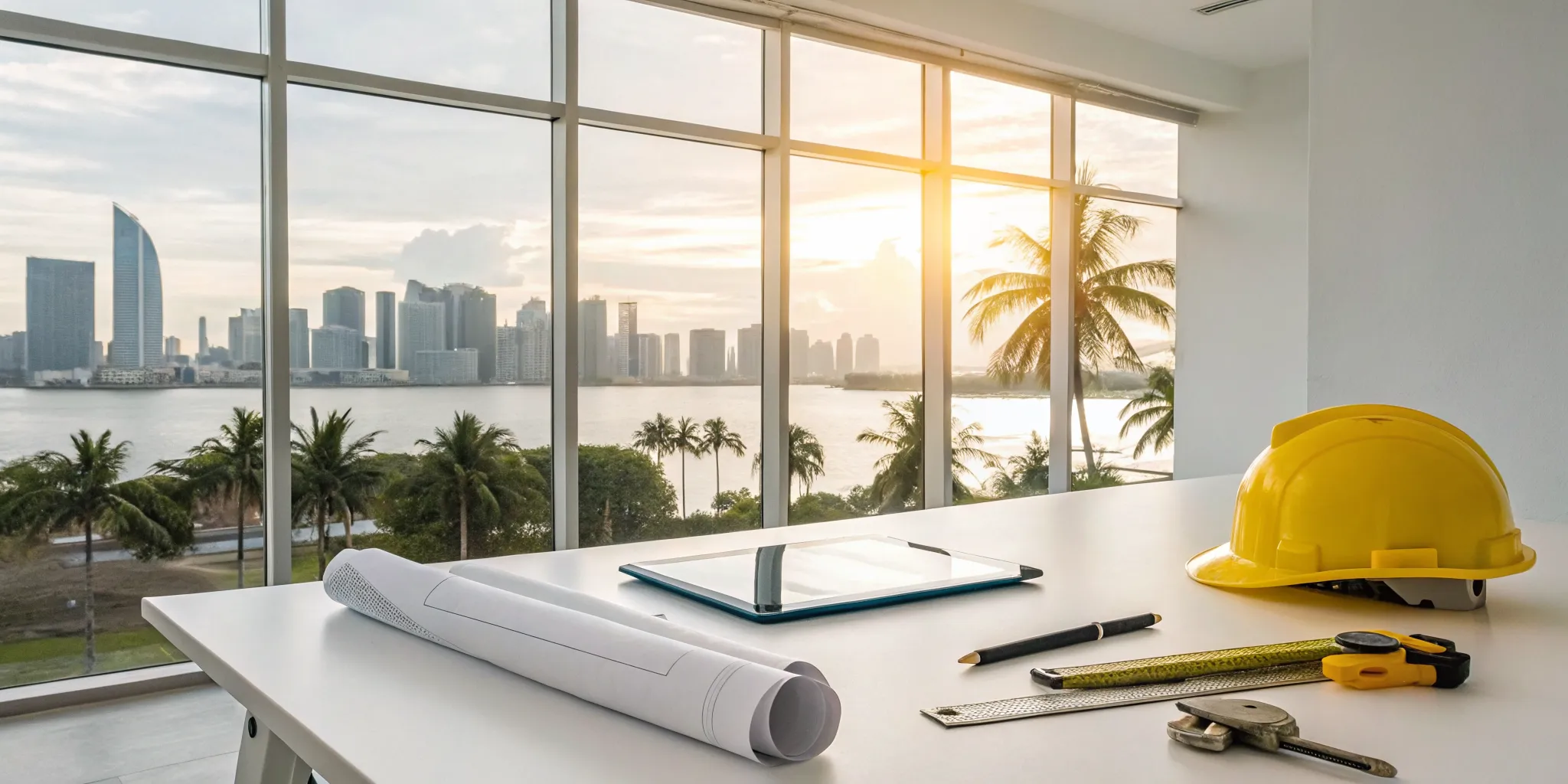 Plumbing permit documents and tools on a desk with the Miami-Dade County skyline.