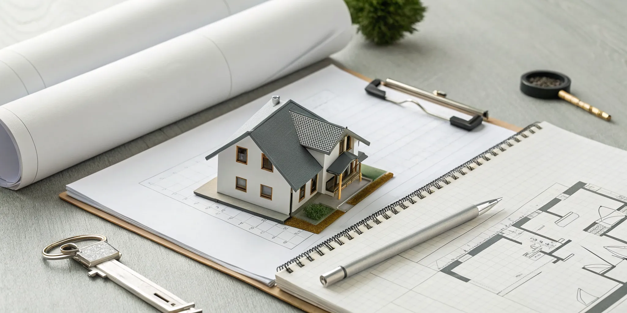 A model home and keys on architectural blueprints for a residential building permit.