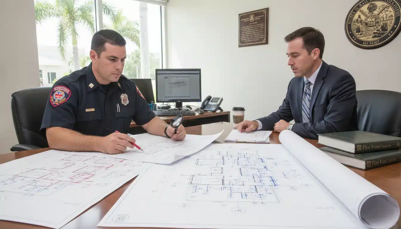 Inspector reviewing Florida commercial fire safety plans