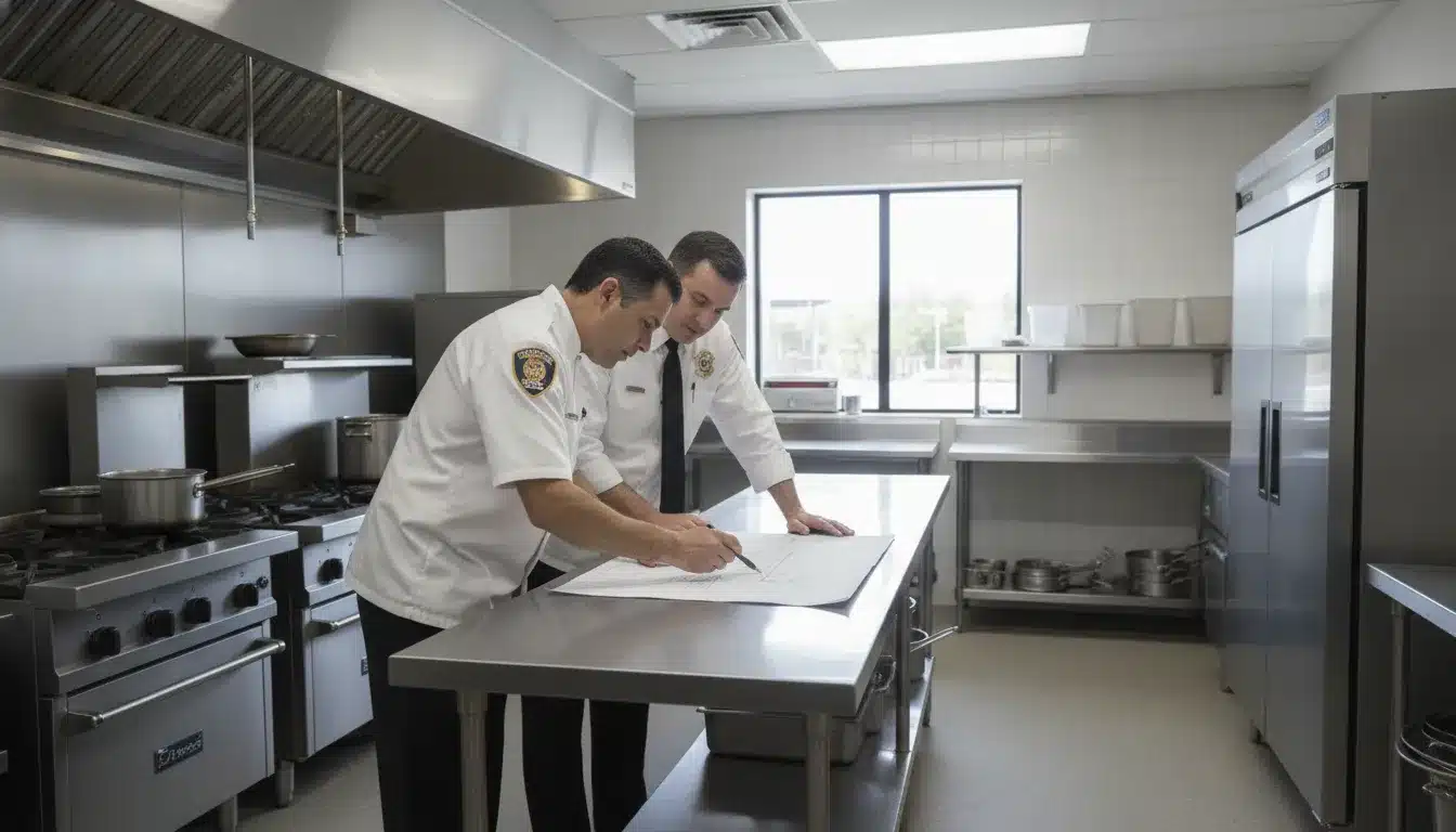 Health inspector reviewing plans in a Florida restaurant kitchen