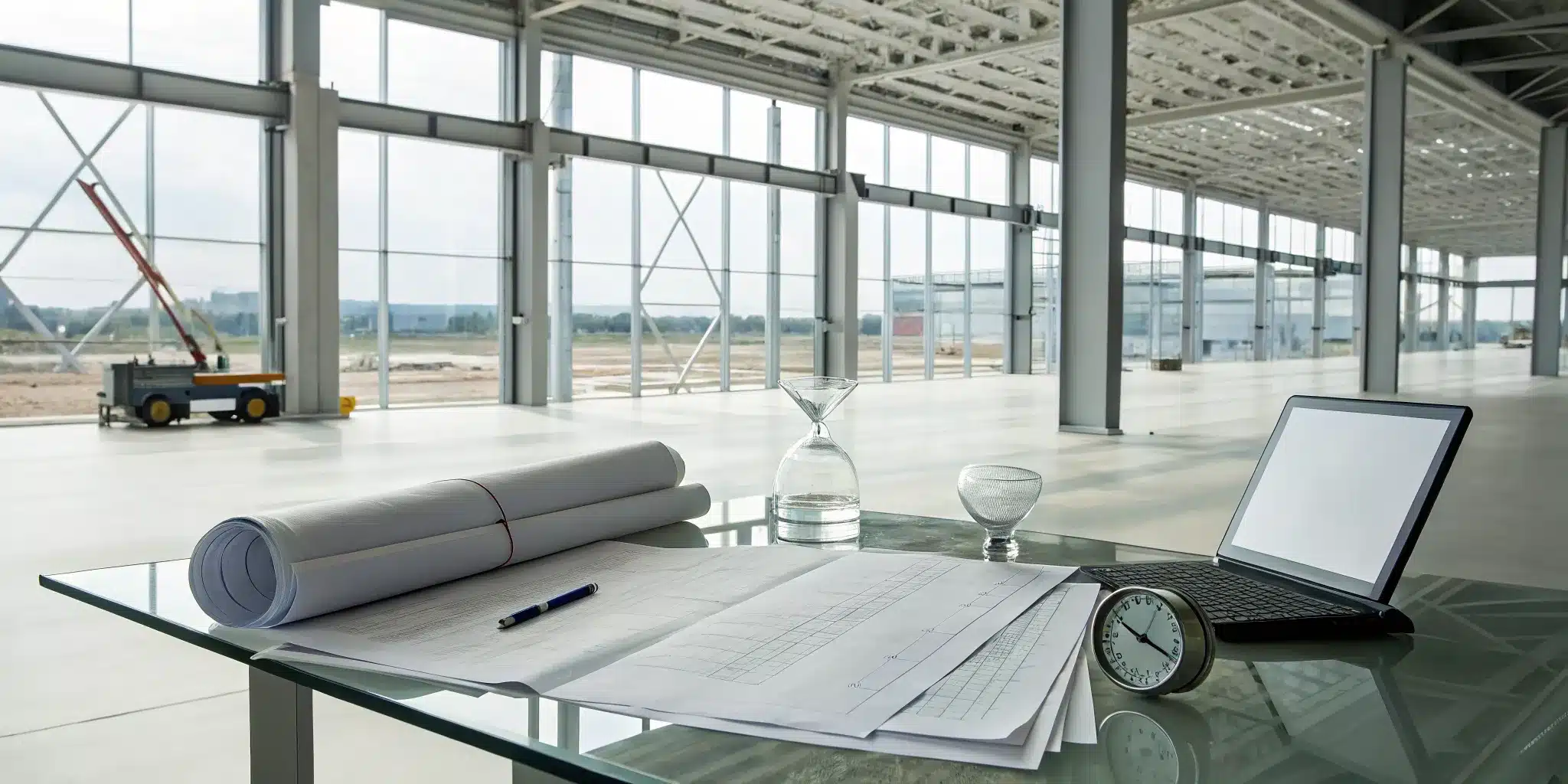 A clock sits with warehouse construction permit blueprints on a desk in Florida.