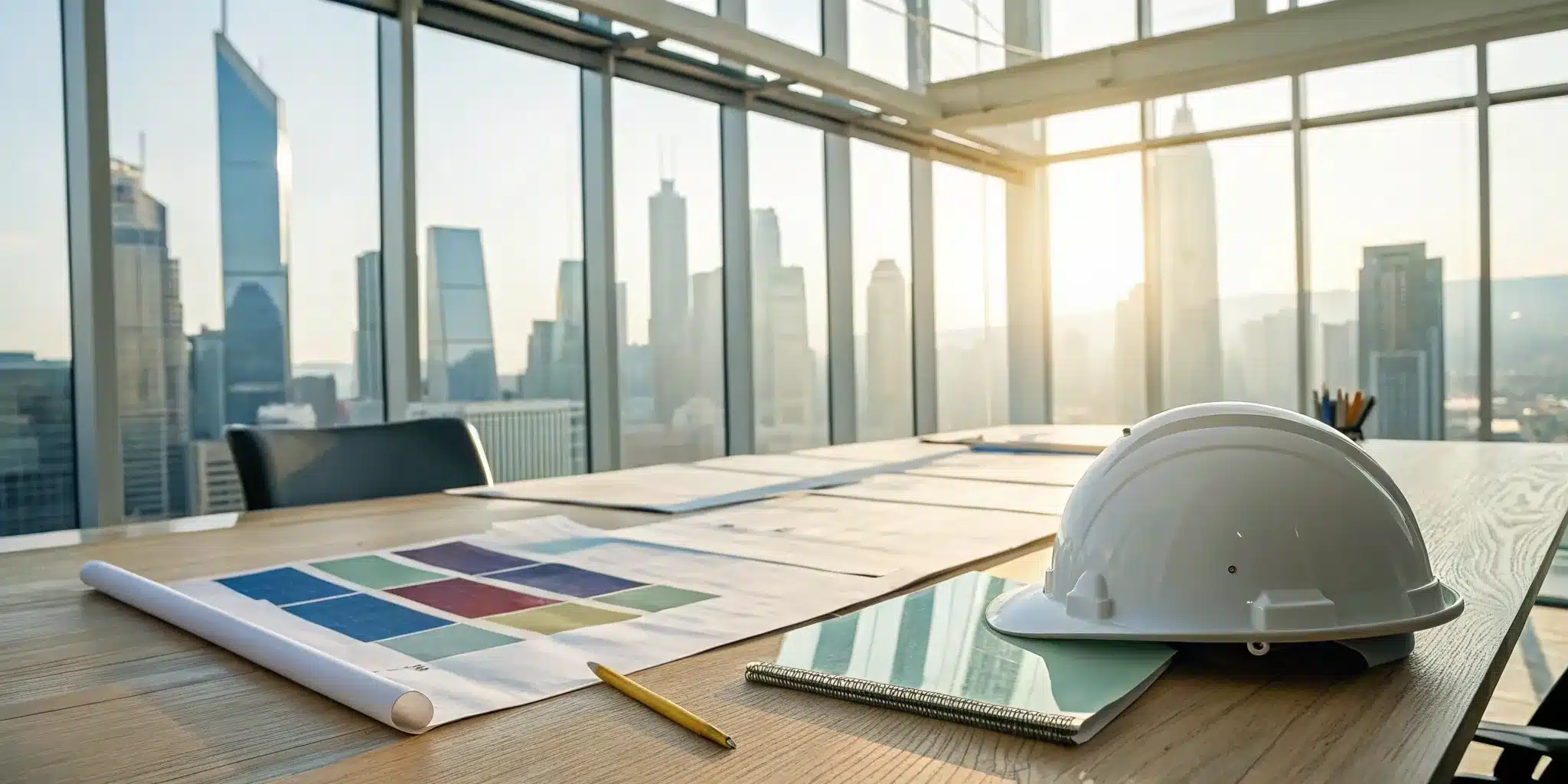 Zoning and land use permit documents and a hard hat on an office desk.