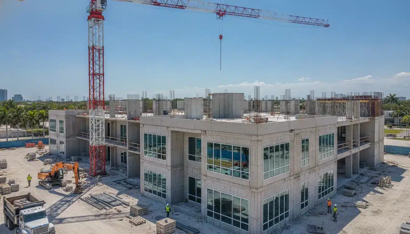Commercial construction site in Miami-Dade County with hurricane-resistant building features