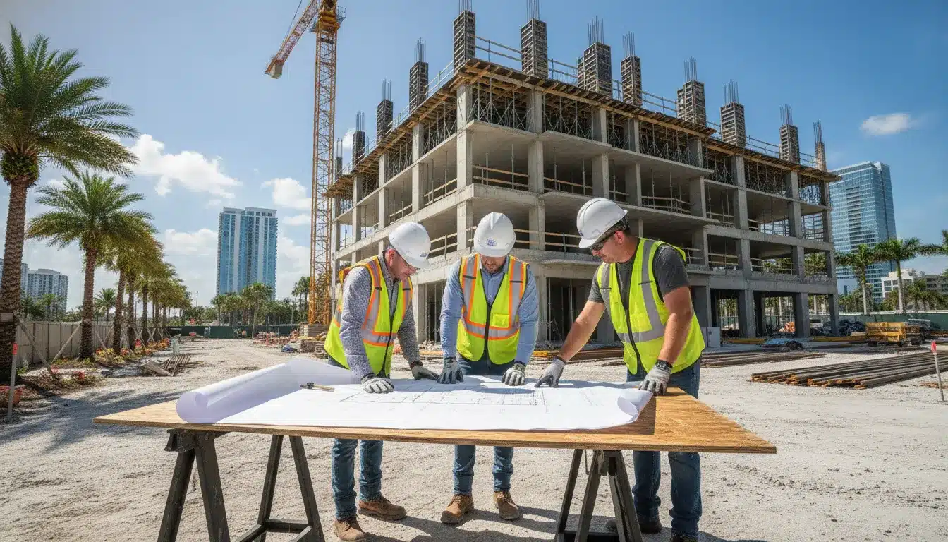 Commercial construction site in Florida with workers reviewing building plans
