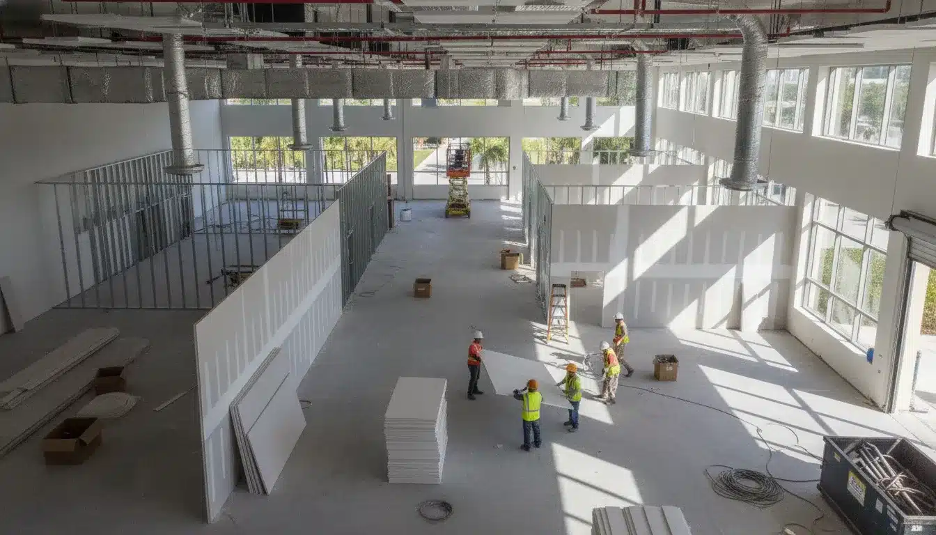 Commercial interior build-out construction site with exposed ceiling systems and drywall in a Florida office space
