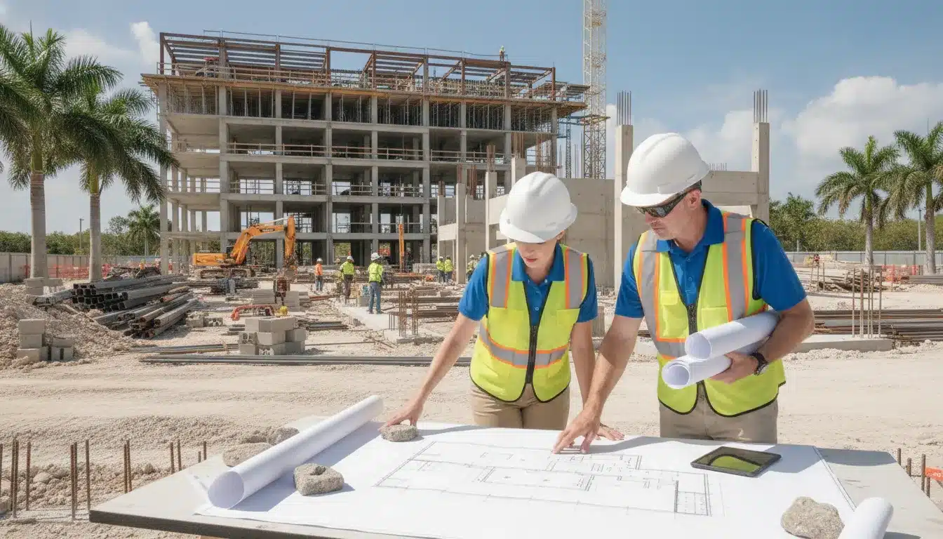 Construction plans and blueprints on a job site in Florida with an engineer reviewing building documents