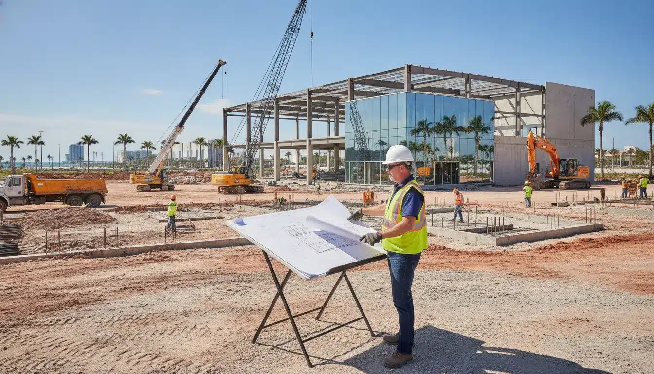 Commercial construction site in Florida with contractor reviewing building plans
