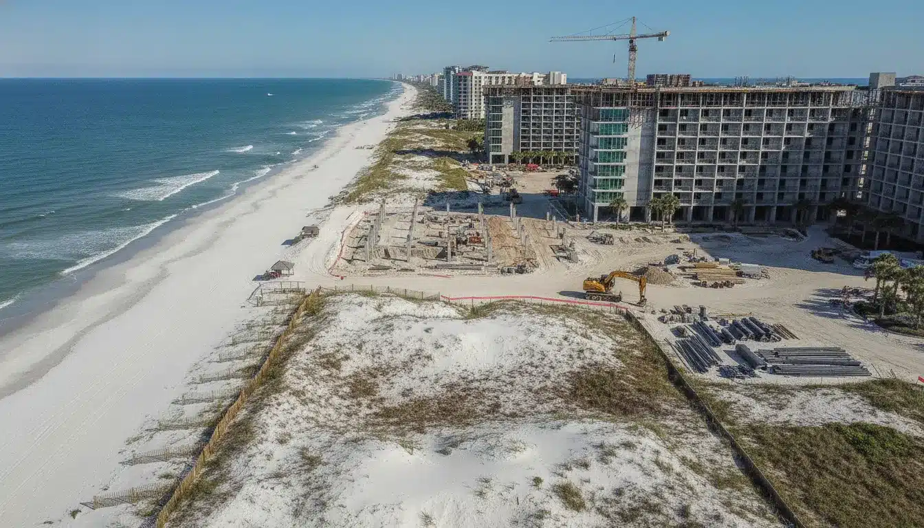 Aerial view of Florida beachfront construction showing coastal dune systems and development behind the Coastal Construction Control Line