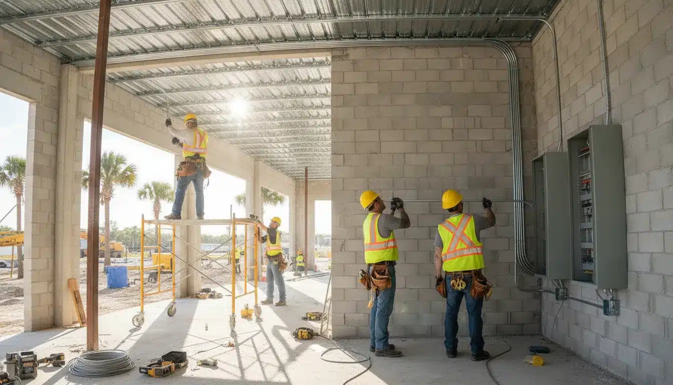 Commercial electricians installing conduit and electrical panels in a steel-framed building under construction in Florida
