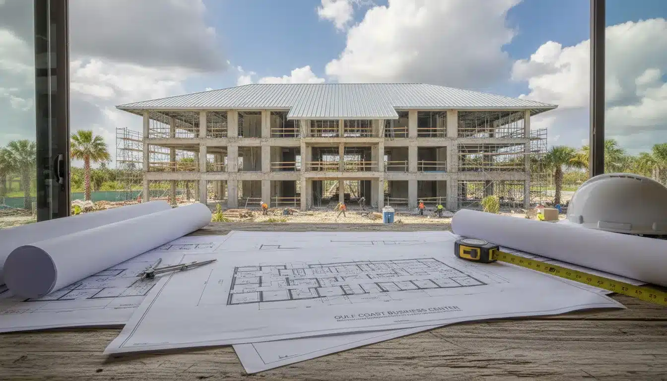 Blueprint and commercial roofing project documents laying on a wooden table under a blue Florida sky