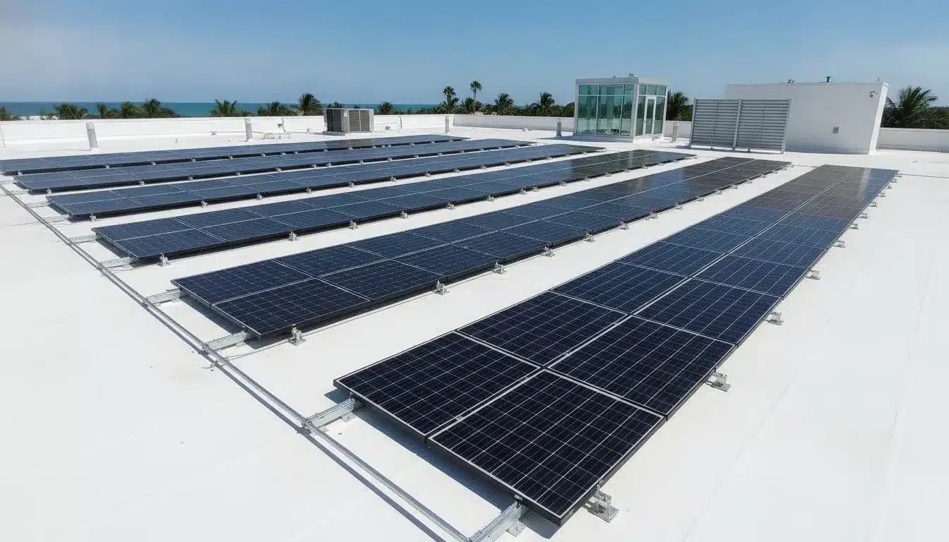 Modern commercial rooftop solar panel installation on a flat roof in Florida under a bright sunny sky