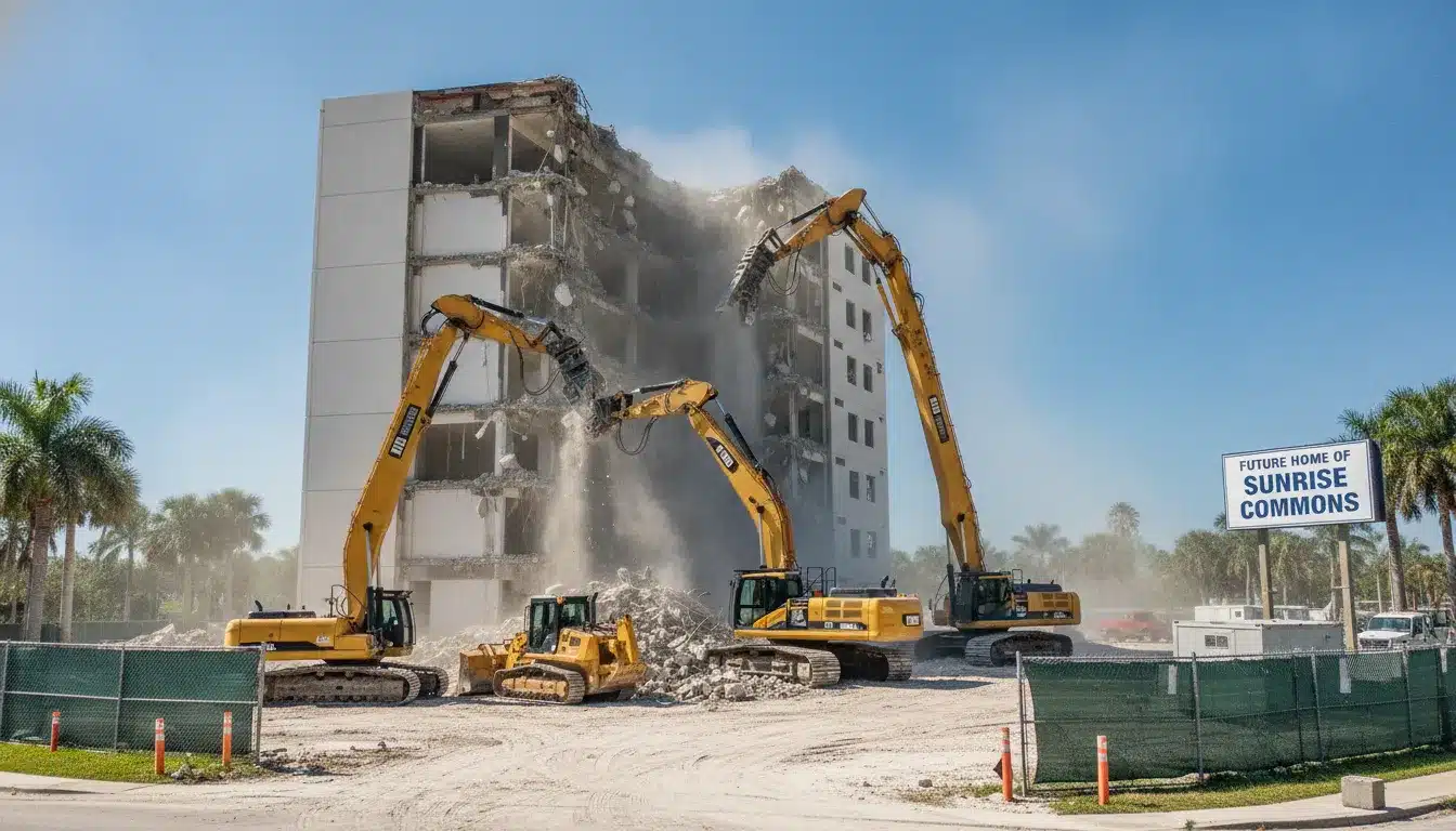 Commercial demolition site in Florida with heavy machinery