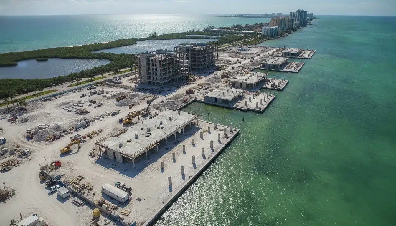 Aerial view of Florida coastal construction site with elevated foundations and flood zone permitting documents