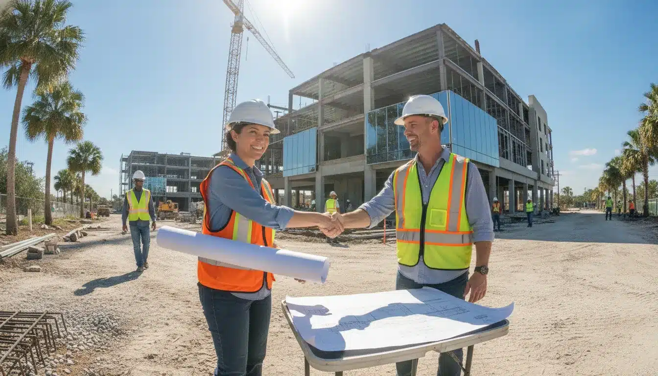 Construction site in Florida with building inspectors reviewing plans