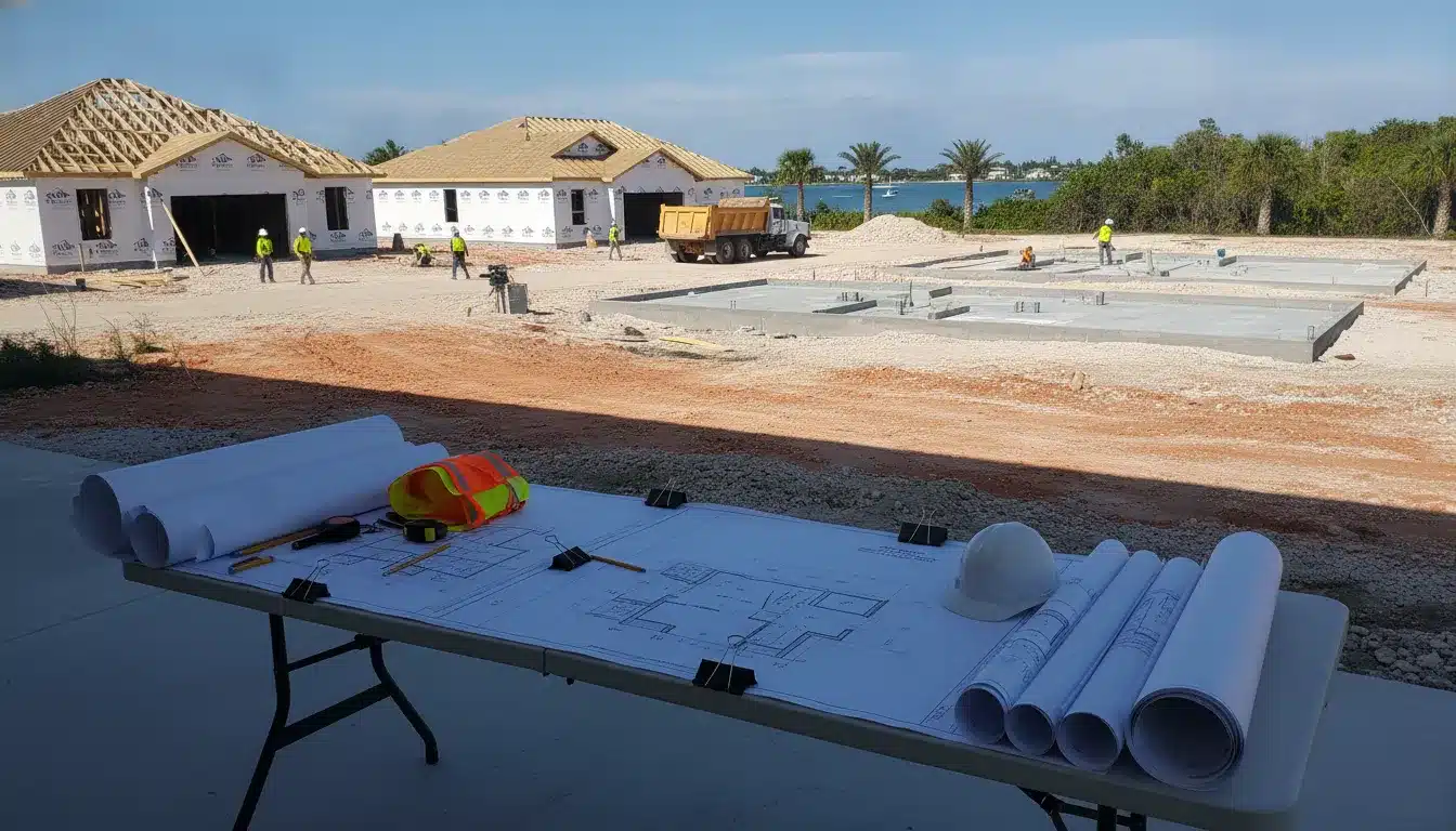 Residential home development site under bright Florida sun with architectural plans and blueprints in the foreground