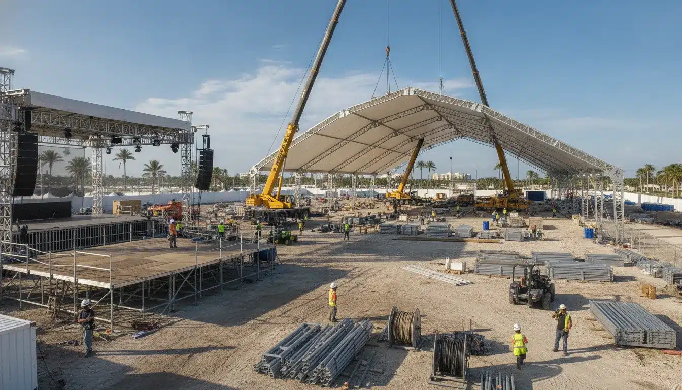 Large event tent structure set up at a commercial venue under Florida blue sky