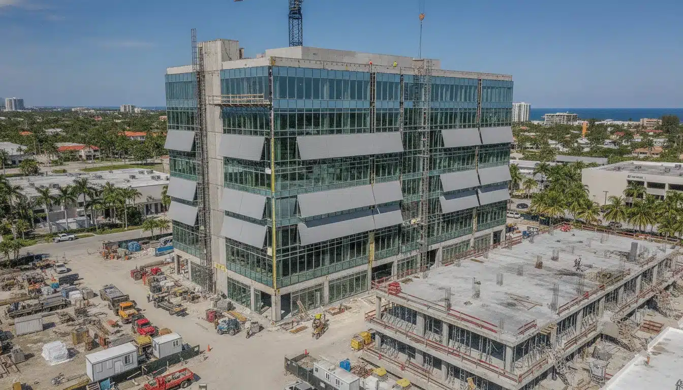 Commercial construction site in Florida with impact-resistant windows and hurricane protection systems being installed