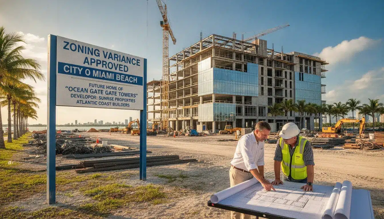 Commercial construction site in Florida with developer reviewing blueprints and zoning variance documents