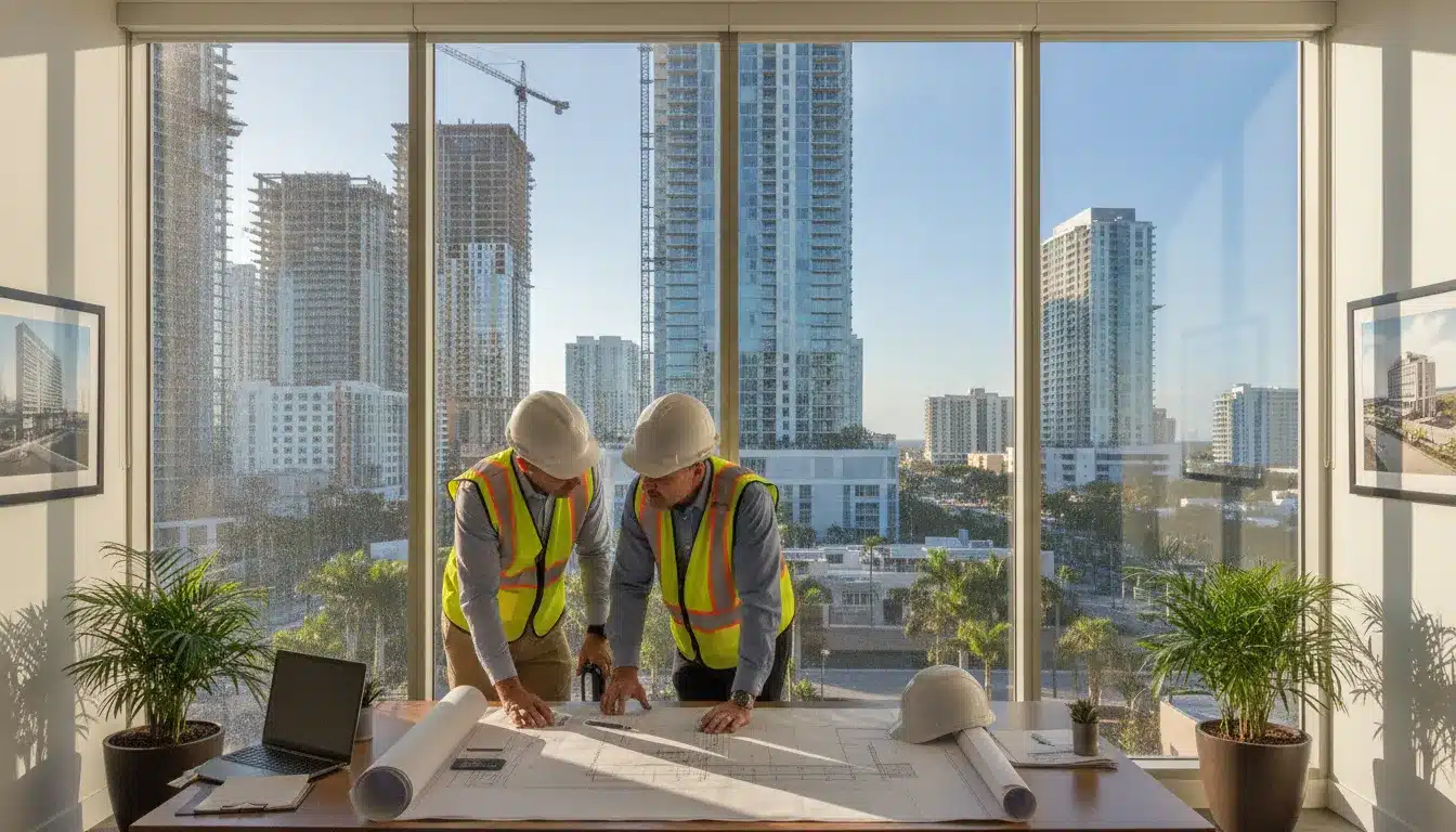 Construction site in Florida with building plans and permit documents in a professional office setting