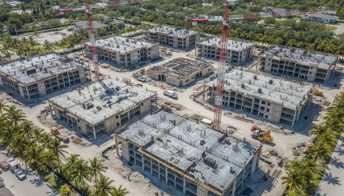 Aerial view of a large multifamily residential construction site in Florida with concrete foundations, tower cranes, and apartment building framework under sunny skies