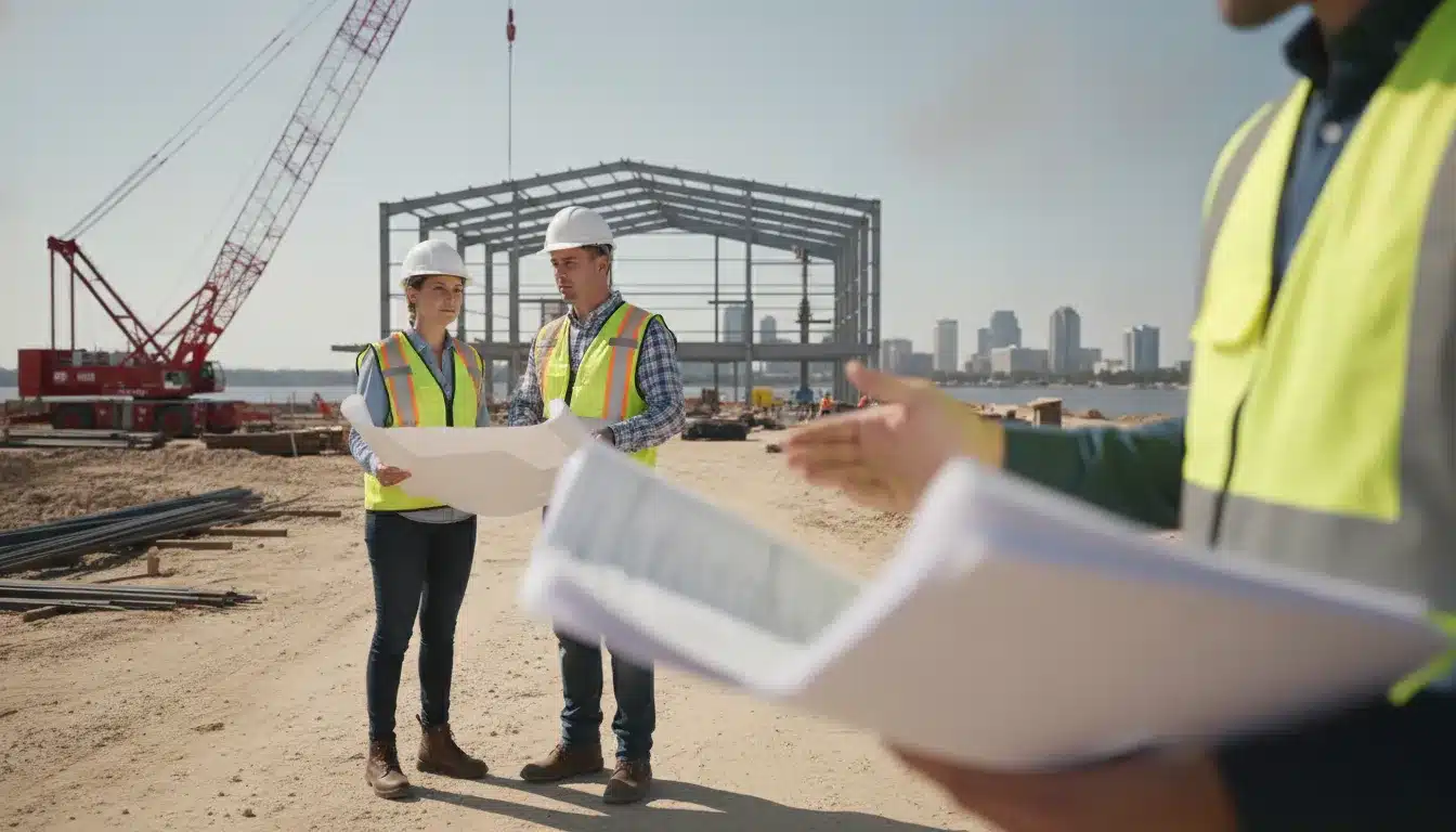 Commercial construction managers reviewing permit documents on an active Jacksonville building site