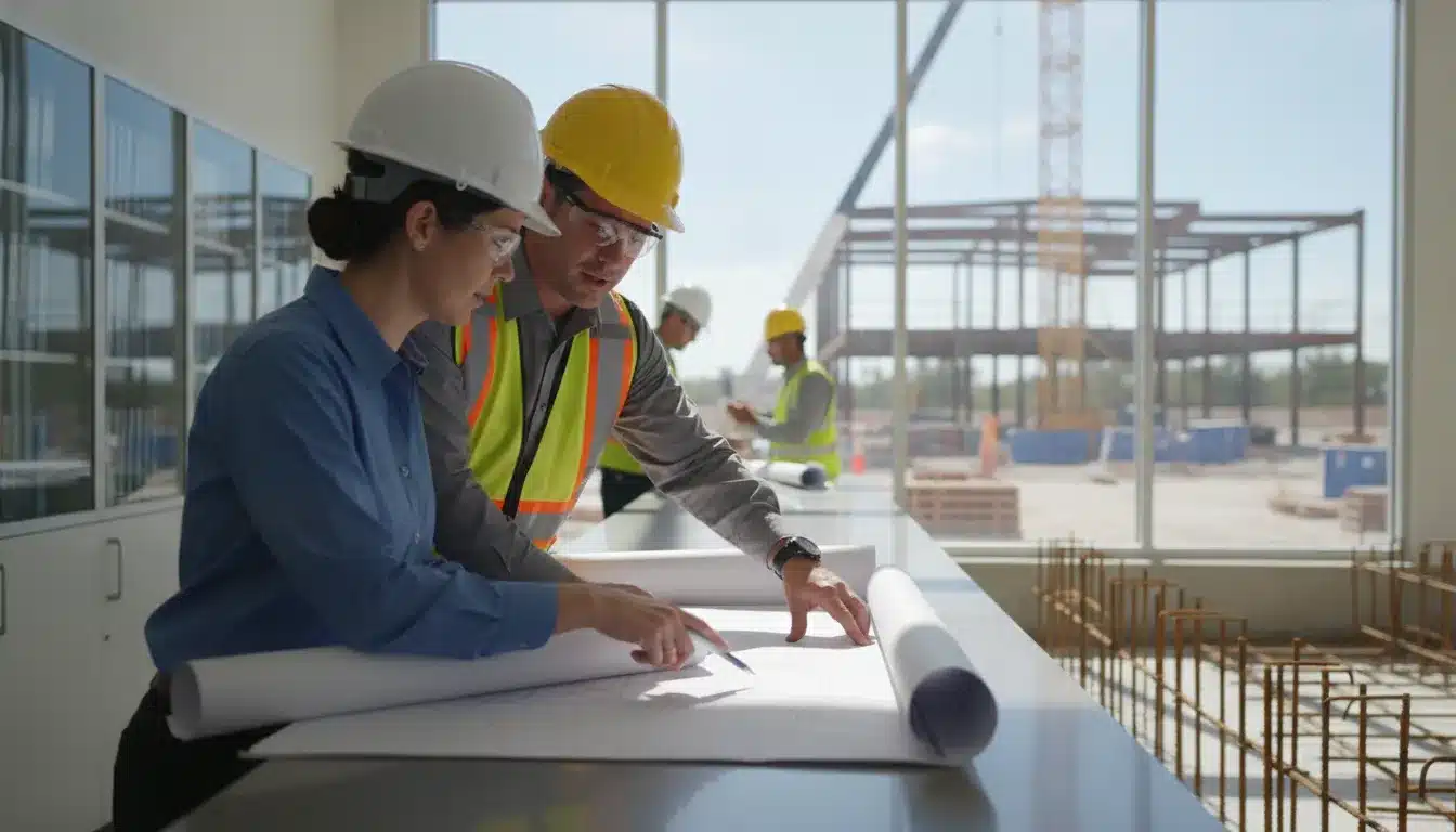 Commercial construction professionals reviewing building permit plans at a Broward County building department, with hard hats and project documents