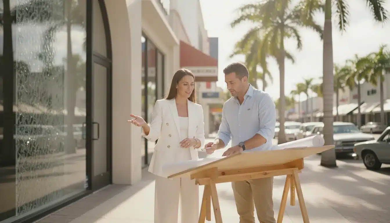 Business owner and permit consultant reviewing plans outside a Miami commercial storefront