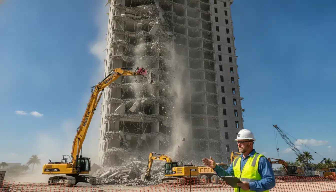 Commercial demolition excavator removing a concrete building in Florida