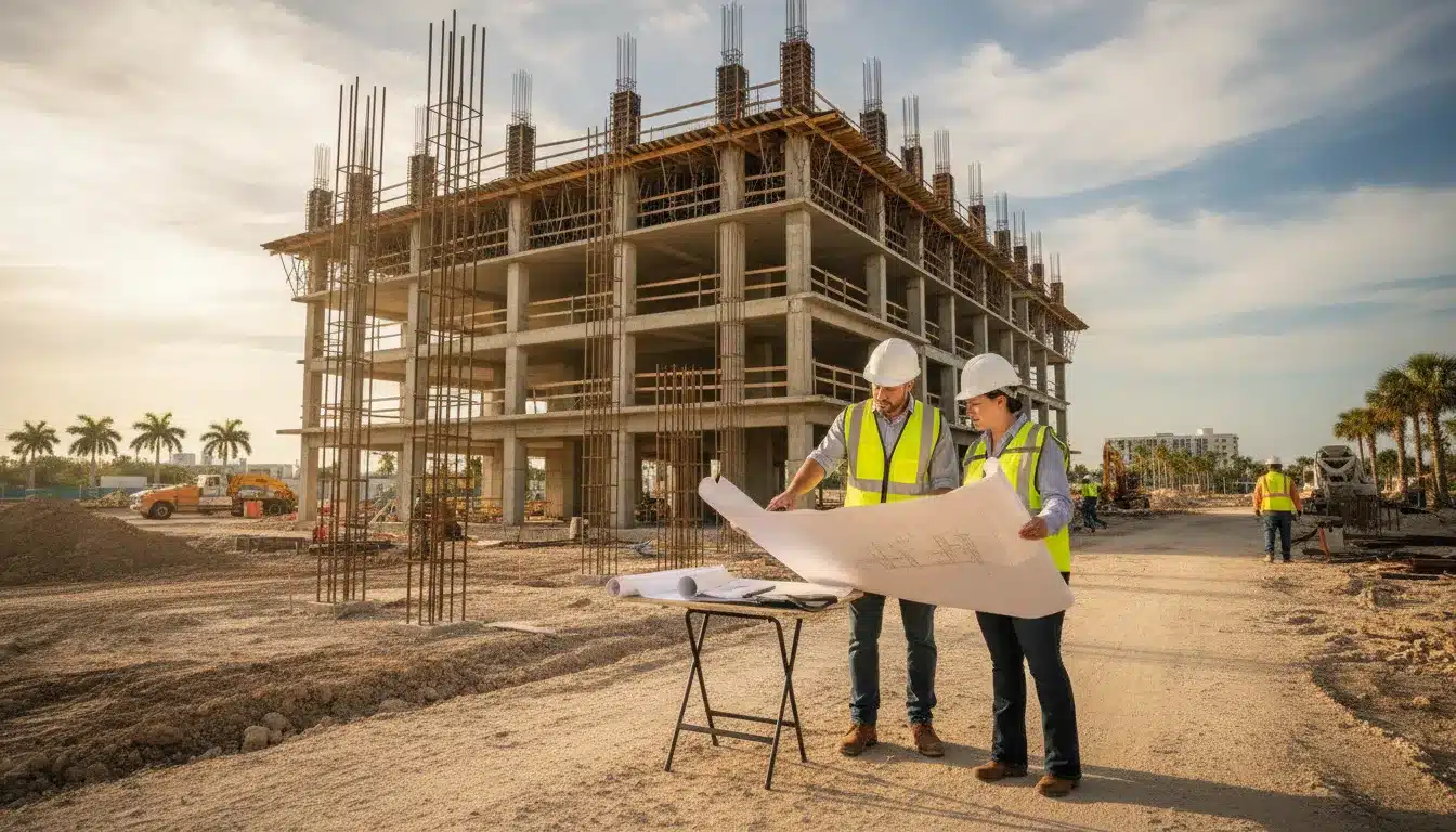 Florida commercial construction team reviewing approved building plans