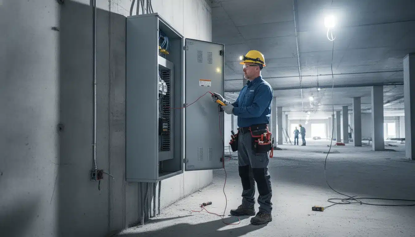 Licensed commercial electrician preparing an electrical panel for inspection in a Florida commercial building under construction