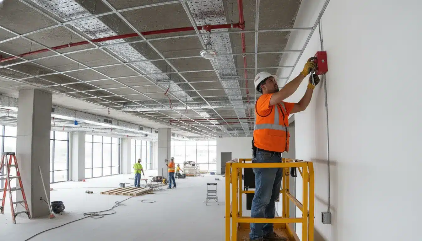 Fire protection contractor in a safety vest working on commercial fire alarm and sprinkler installation