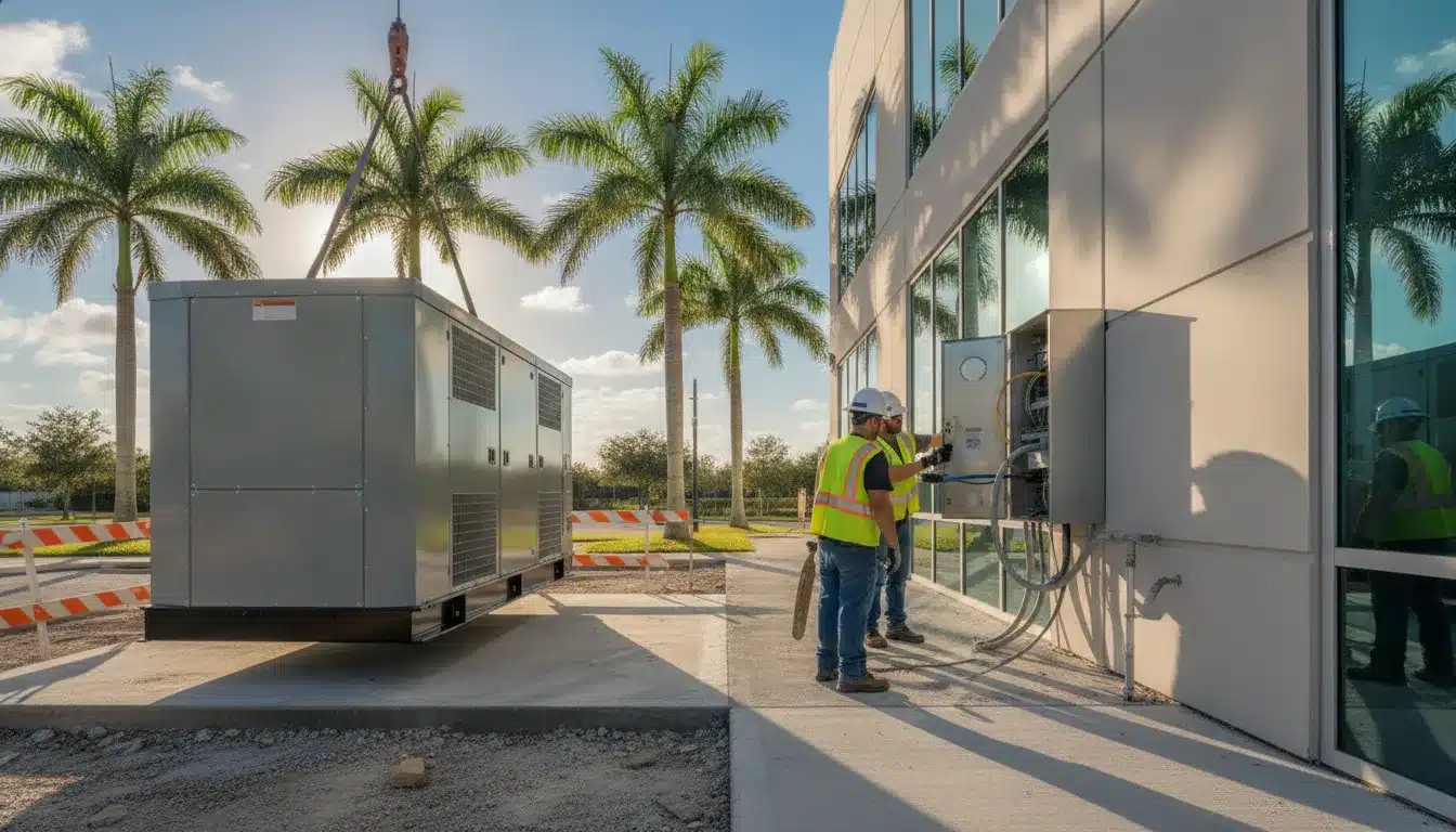 Commercial standby generator being installed on a concrete pad beside a commercial building in Florida