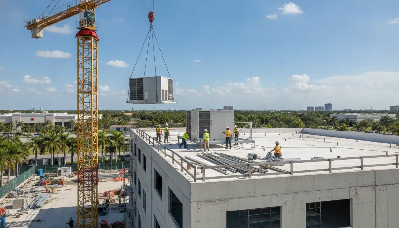 Commercial construction workers installing rooftop HVAC equipment on a Florida building