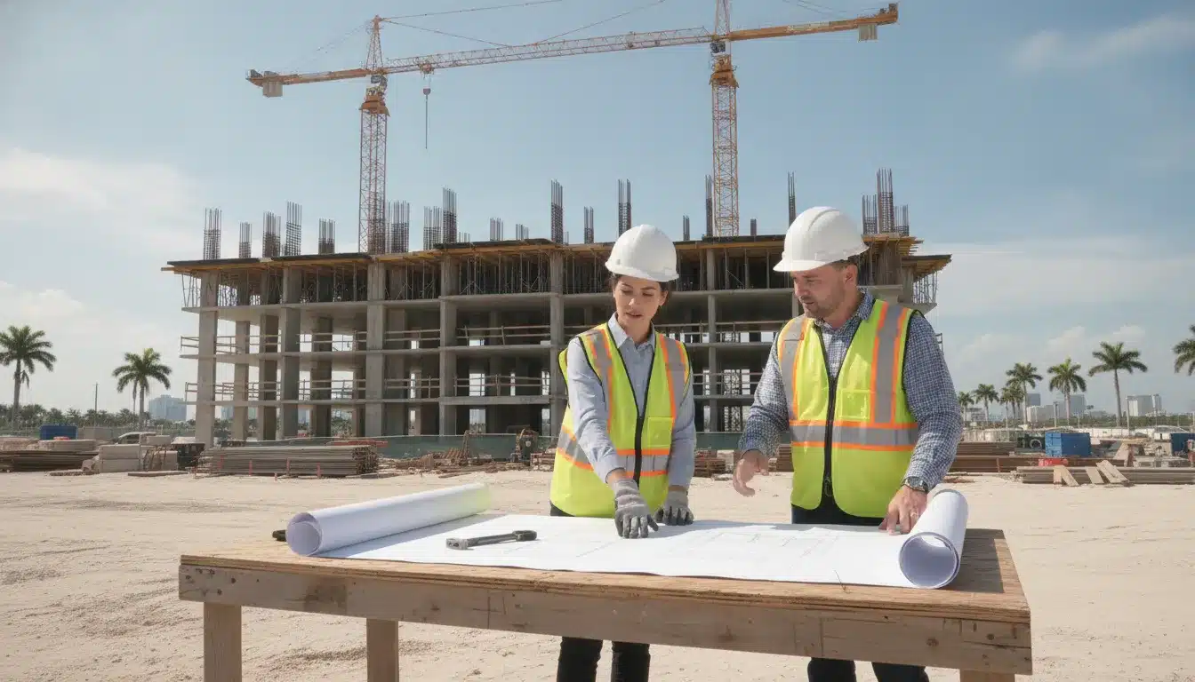 Commercial construction team reviewing plans at a Florida job site