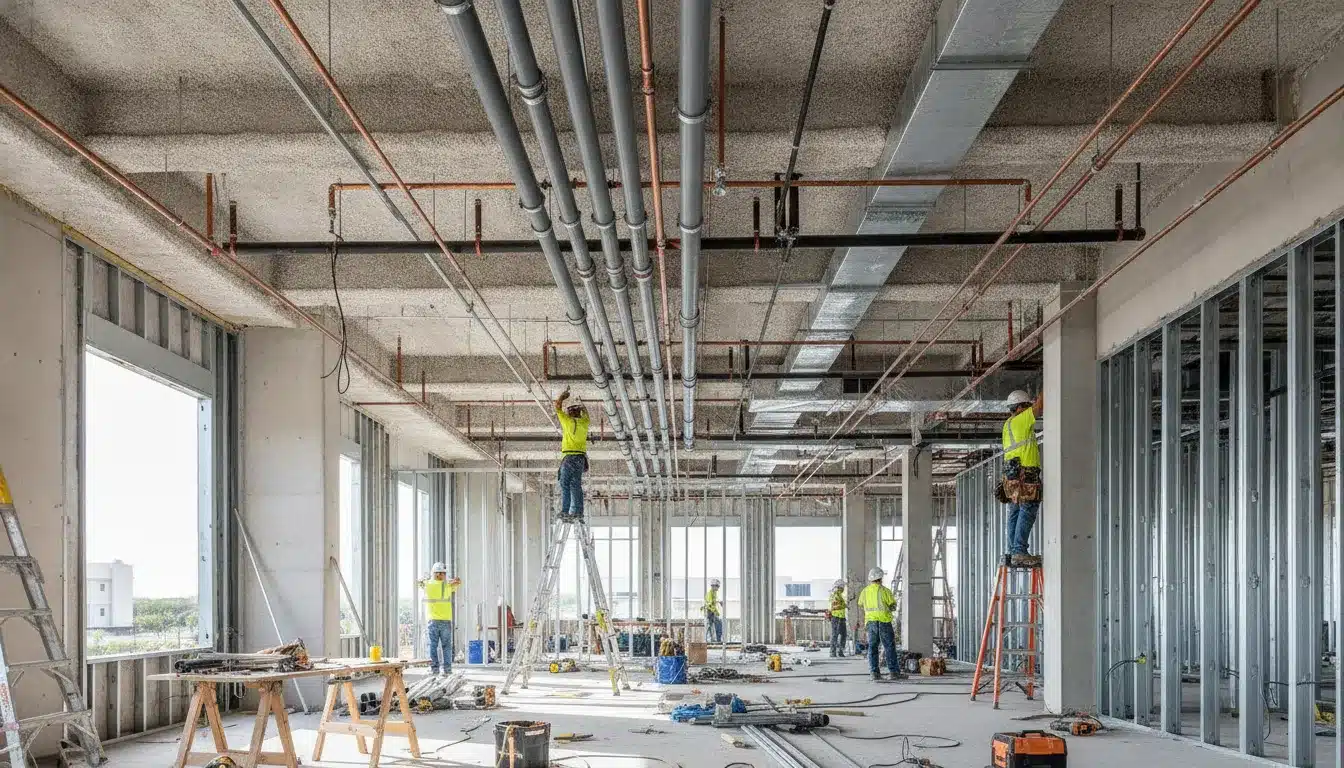 Construction workers installing commercial plumbing piping in a new building
