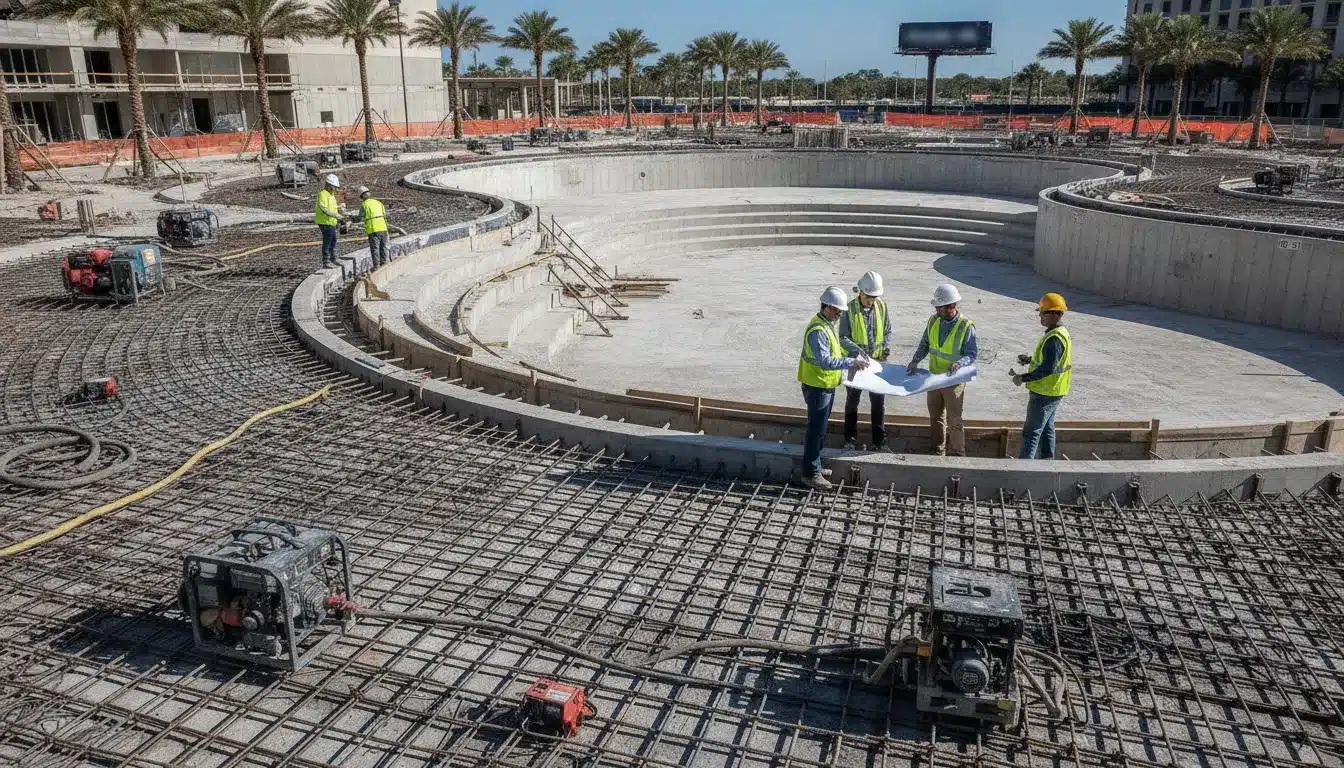 Commercial swimming pool under construction at a Florida hotel project