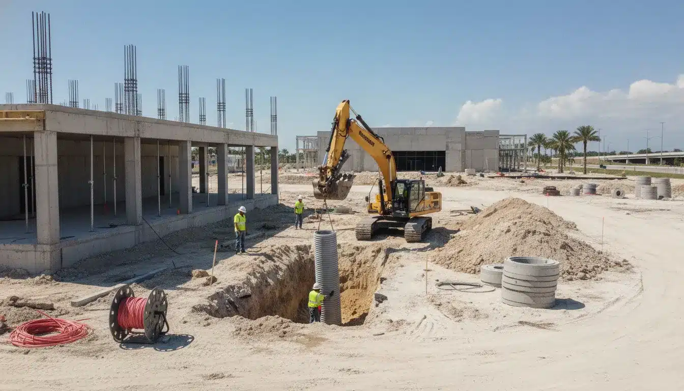 Construction crews on a commercial development site in Florida coordinating underground utility installation, an excavator lowering a pipe into an open trench beside a commercial building