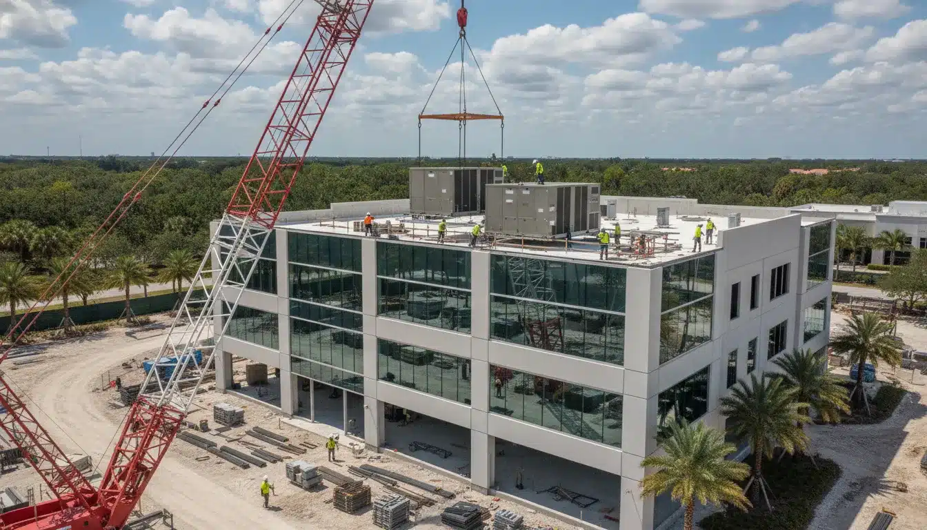 Commercial construction site with HVAC rooftop units being installed on a large commercial building in Florida