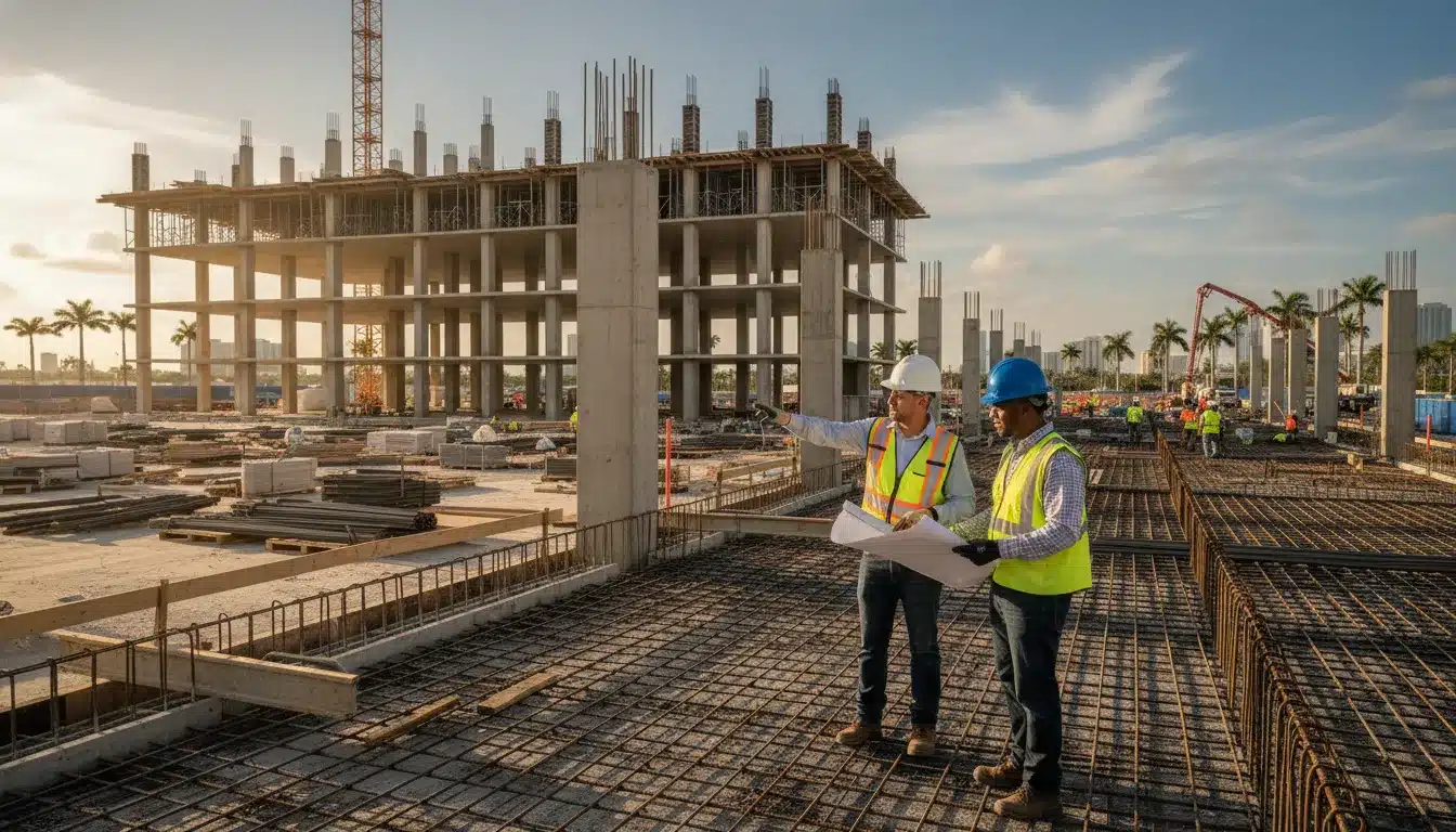 Engineer reviewing structural reinforcement at a Florida commercial construction site