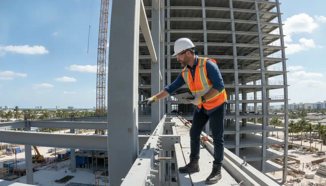 Structural engineer in hard hat reviewing steel beam connections on a commercial construction site in Florida