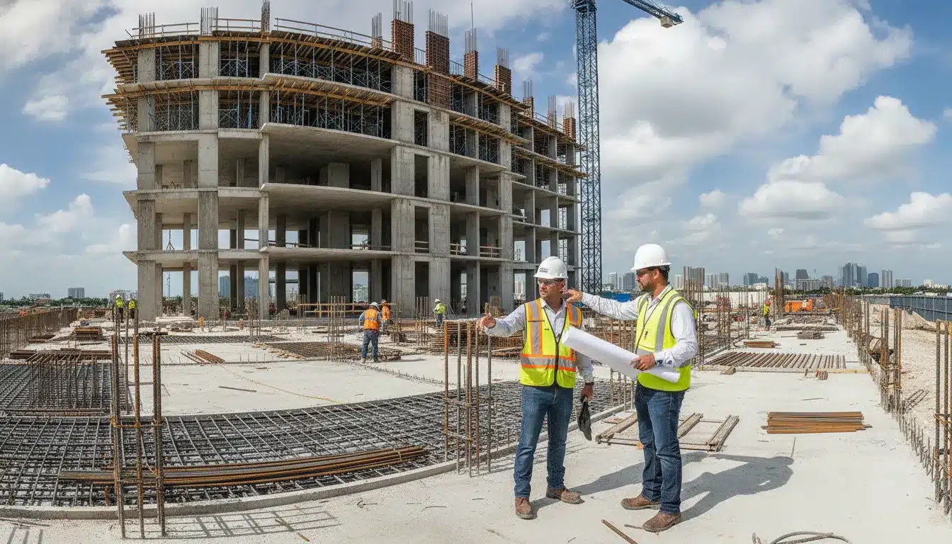 Engineer and contractor reviewing structural work on a Florida commercial construction site