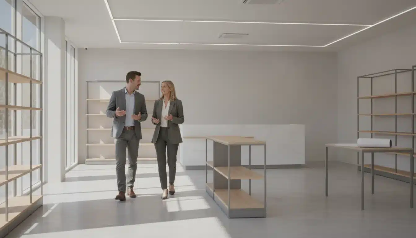 A commercial building inspector and property owner reviewing a completed retail fit-out before final occupancy approval