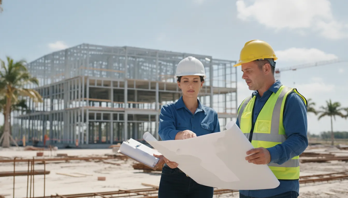 Construction manager reviewing blueprints with a building inspector on a commercial construction site in Florida