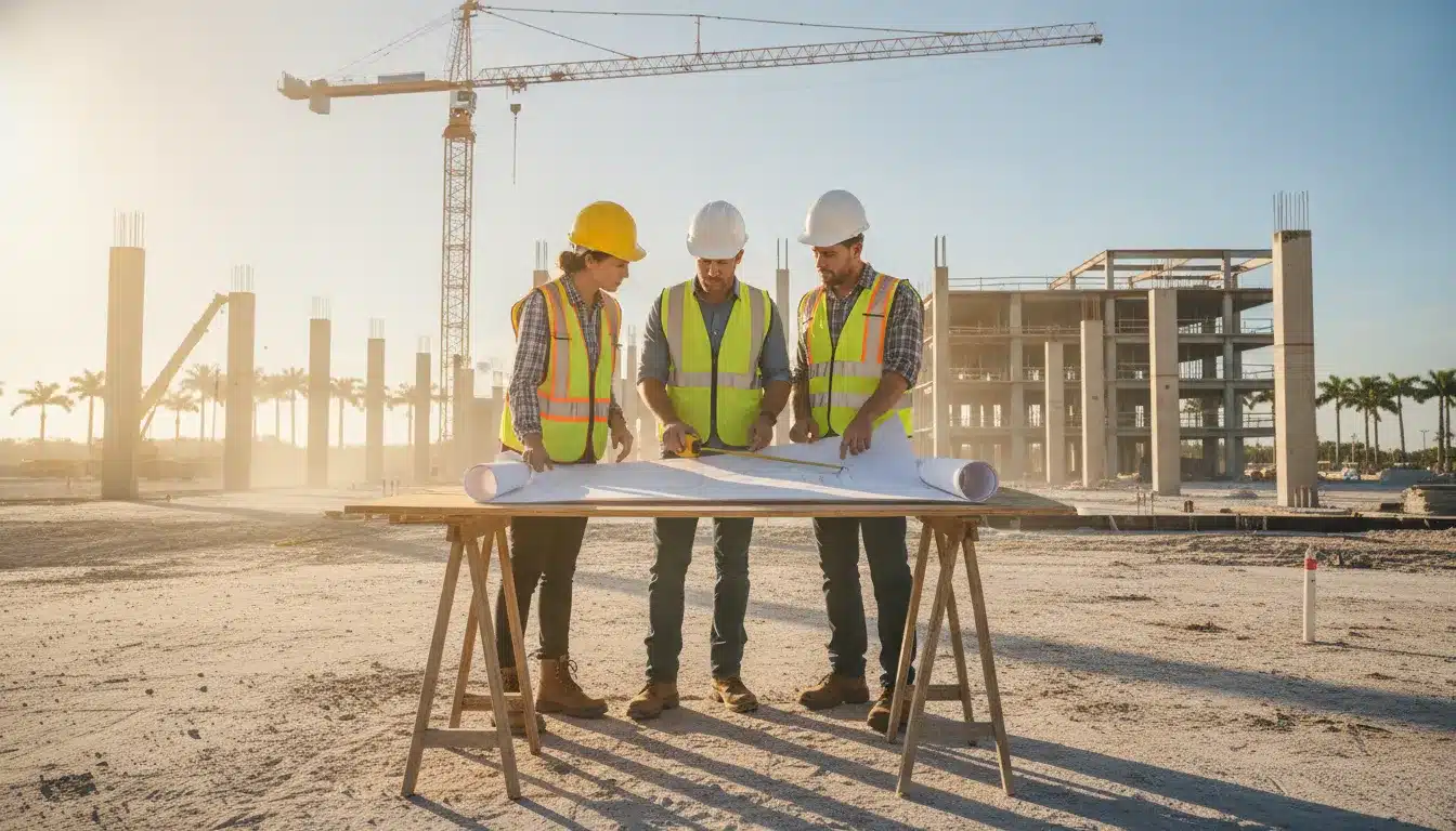 Commercial construction team reviewing Florida permit plans