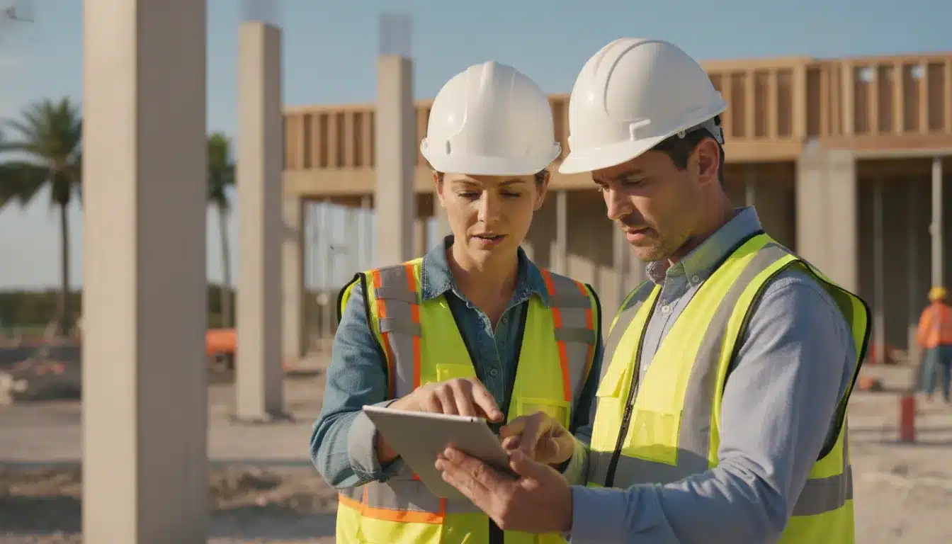 Construction project manager and building inspector reviewing plans on a Florida job site